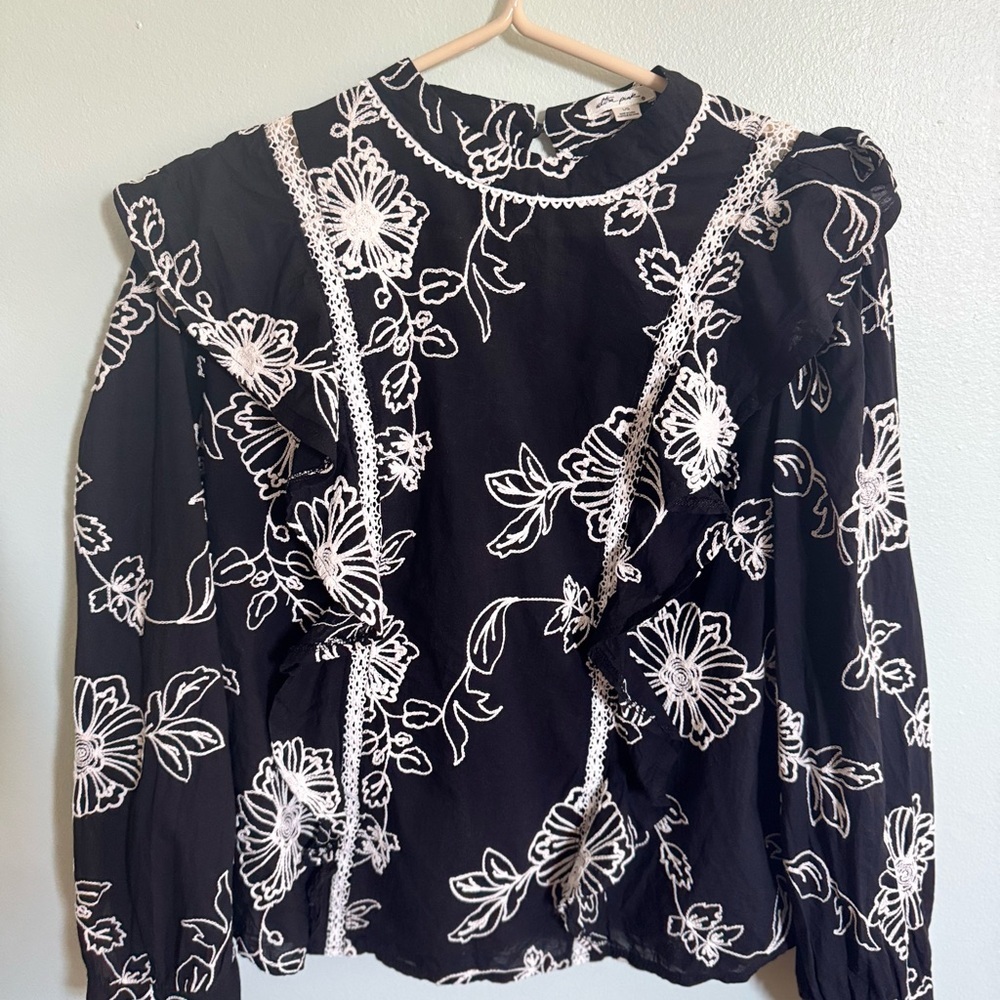 Ultra Pink Black and Blue Ruffled Bib Collar Blouse